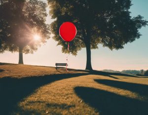 Un GIF montrant un ballon rouge flottant dans un parc tranquille le dimanche matin, se détachant sur un fond bleu ciel et projetant une ombre fantaisiste sur l'aube naissante, éclairage ambiant élégant, surréalisme.