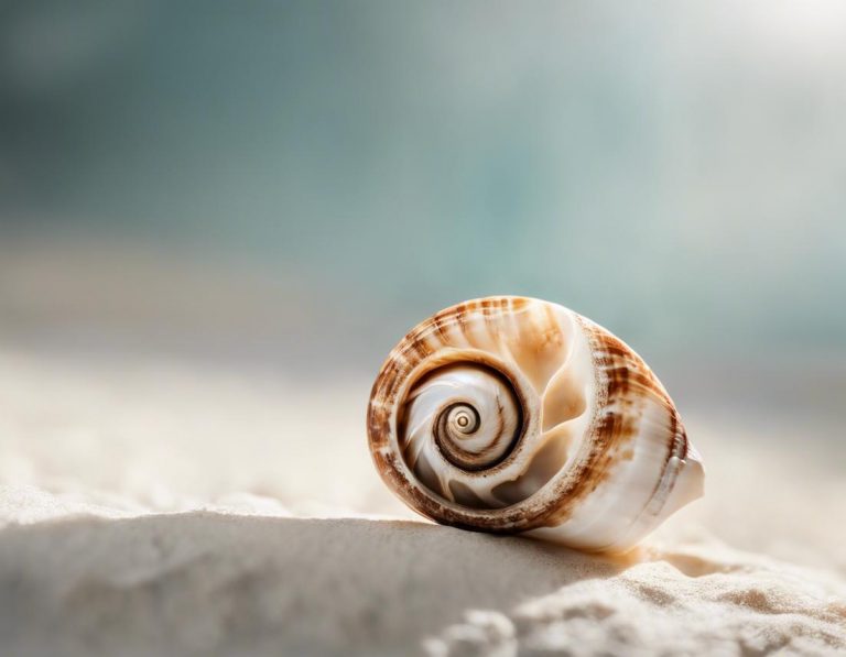 Une image nette d'un véritable coquillage Œil de Sainte-Lucie tenu délicatement à la lumière du soleil, sa spirale caractéristique et son point brun se détachant sur son fond blanc vif, finition mate, post-traitement, éclairage ambiant.