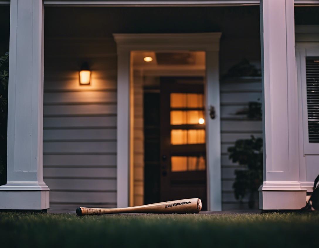 Photo en clair-obscur d'une batte de baseball près de l'entrée d'une maison, hinting at a question of legality and protection.