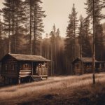 Photographie longue exposition en sépia montrant des cabines en bois rustiques parsemées dans un paysage de forêt serein, éclairées faiblement par une lumière solaire naturelle diffusée, avec une légère superposition indiquant leur coût.