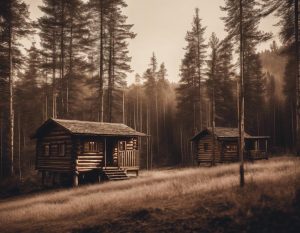 Photographie longue exposition en sépia montrant des cabines en bois rustiques parsemées dans un paysage de forêt serein, éclairées faiblement par une lumière solaire naturelle diffusée, avec une légère superposition indiquant leur coût.