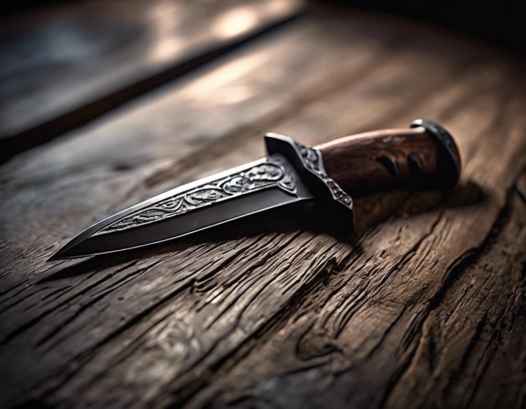 Rendu numérique hyper-réaliste d'une dague militaire posée sur une surface en bois vieilli dans une pièce sombre, mettant en valeur le design complexe de la poignée et la netteté de la lame.