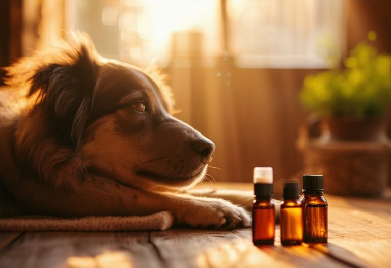 Un chien se relaxe dans une pièce ensoleillée avec plusieurs bouteilles d'huiles essentielles disposées artistiquement sur une table à proximité, éclairage ambiance, 4k.