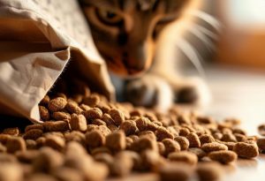 Close-up des croquettes pour chats recommandées par le vétérinaire débordant d'un sac de marque, avec la silhouette d'un chat curieux à l'arrière-plan, éclairage doux et chaleureux.