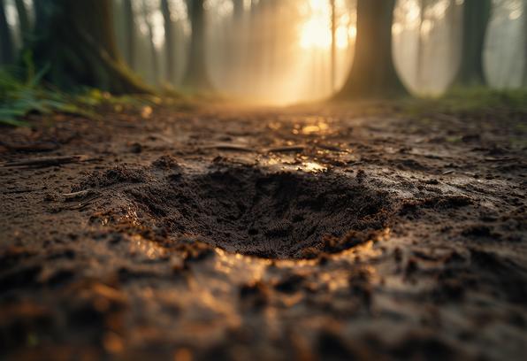 Gros plan d'une empreinte de sanglier dans la boue du sol forestier avec brume matinale entre les arbres, éclairage d'ambiance.