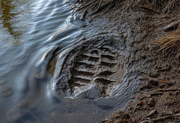 Vue au niveau du sol de l'empreinte détaillée d'un sanglier sur le bord d'un ruisseau, l'eau adoucissant légèrement les contours, éclairage naturel et texture réaliste.