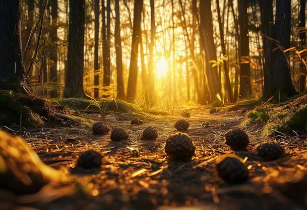 Représentation artistique de crottes de loup dispersées dans une clairière de forêt paisible, éclairées par une lumière douce de l'heure dorée, atmosphère sereine et intacte avec une grande gamme dynamique.
