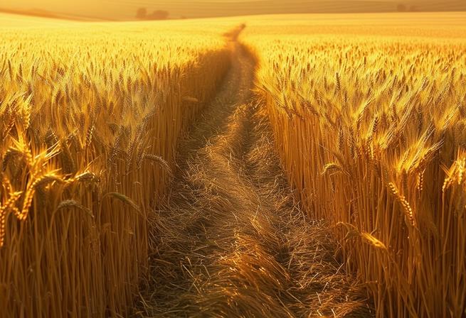Légère perturbation dans un champ de blé doré avec un passage de sanglier, lumière de fin d'après-midi scintillant sur les tiges, quiétude pastorale.