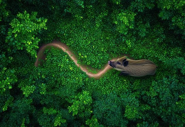Vue aérienne d'un sentier de sanglier serpentant à travers un feuillage vert dense avec des gouttelettes brillantes sur les feuilles, couleurs vives en haute définition.
