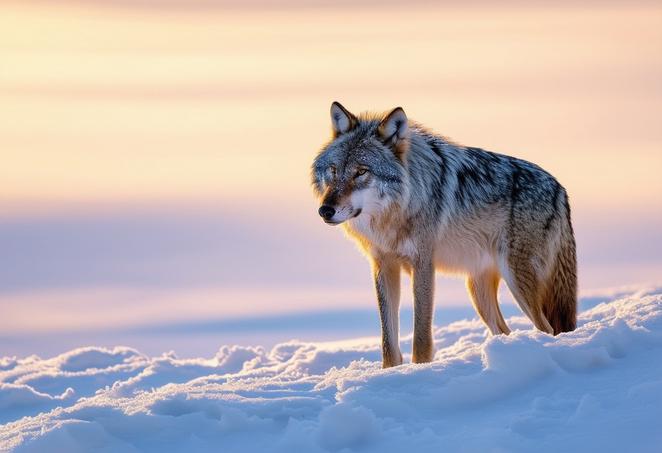Excréments d'un loup solitaire contrastant avec la neige immaculée sous la douce lueur de l'aube, mise au point nette et palette de couleurs froides.