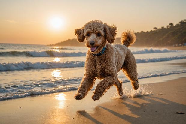 Photo à l'heure dorée d'un caniche abricot jouant sur la plage avec des vagues se brisant doucement et un léger flou de mouvement en arrière-plan.