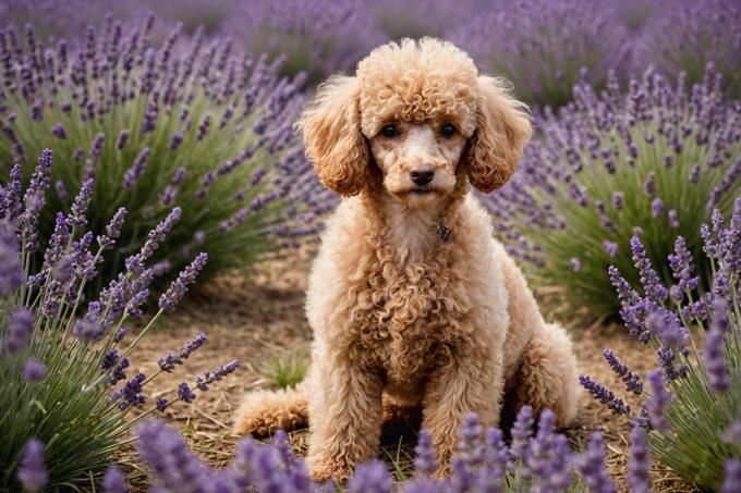 Un caniche miniature couleur abricot pose délicatement dans un champ de lavande, les teintes se complétant avec son pelage duveteux, image en haute résolution prise en lumière naturelle.