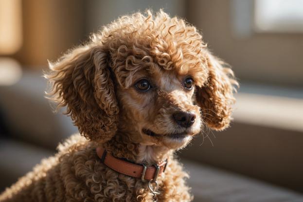 Gros plan sur un petit caniche abricot expressif avec des rayons de soleil filtrant à travers son pelage bouclé lui donnant une douce lueur et des tons chauds, profondeur de champ réduite.