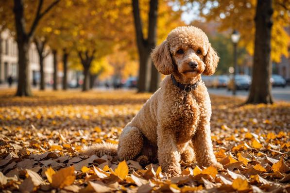 Un caniche abricot se mêle aux feuilles mortes avec des arbres d'ambre flous en arrière-plan et un effet bokeh créant une ambiance automnale.