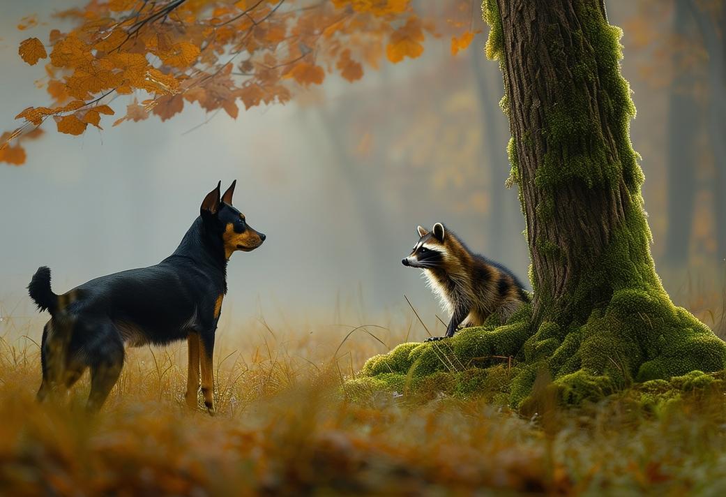 Photo panoramique d'un chien noir et feu très alerte face à un raton laveur caché dans un grand chêne moussu au lever du jour, avec de l'herbe couverte de rosée et une ambiance brumeuse. Dominance de la palette automnale, lumière matinale ambiante, effet de brouillard.