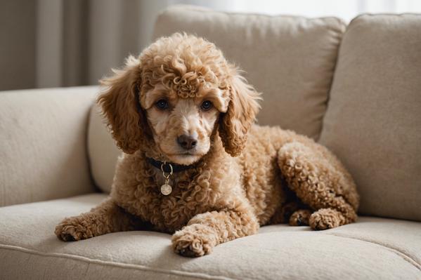 Un chiot caniche de couleur abricot repose paisiblement sur un coussin crème duveteux, dans un intérieur minimaliste éclairé doucement avec des textures subtiles.