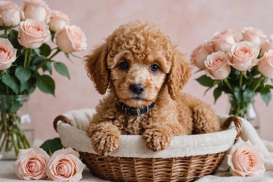 Un chiot caniche abricot assis dans un panier, entouré de roses rose pâle dans une ambiance paisible aux couleurs pastel.