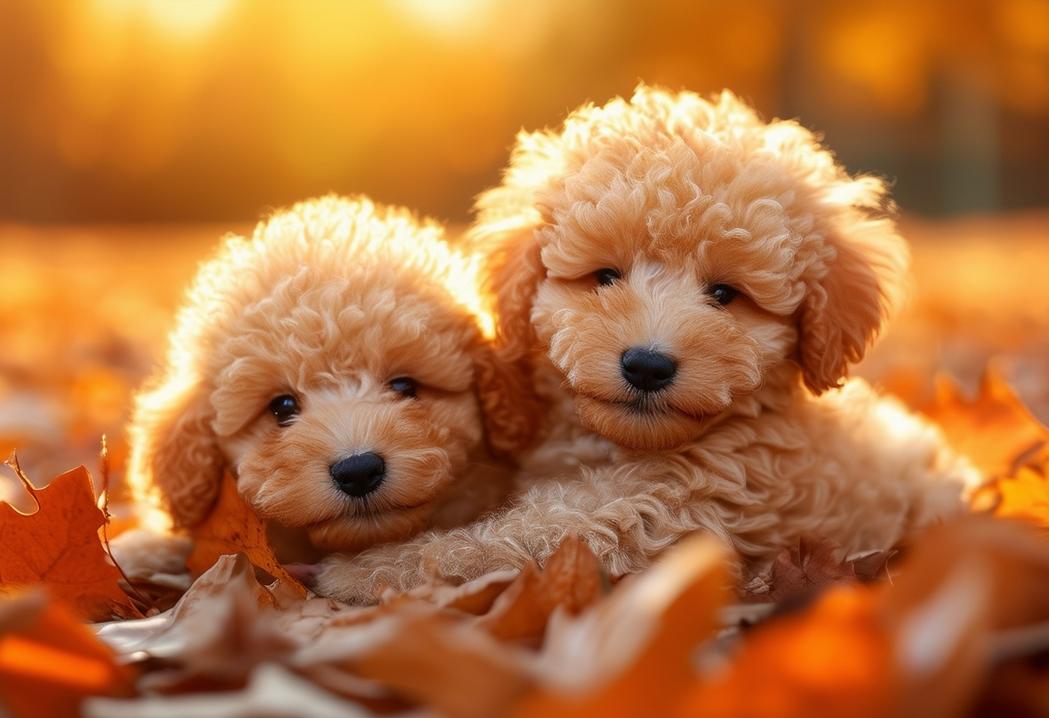 Gros plan de chiots caniches abricots duveteux jouant joyeusement dans un champ de feuilles d'automne sous le doux soleil couchant avec un flou doux et des nuances chaudes.