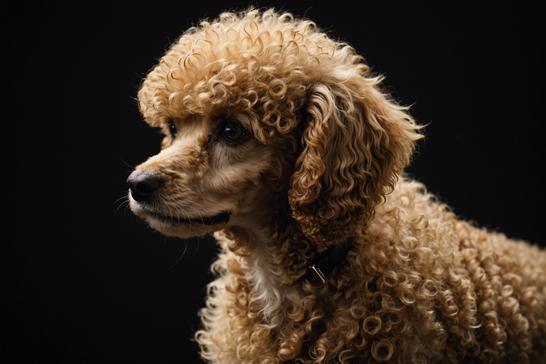 Profil saisissant d'un caniche nain abricot élégant sur fond noir obsidienne, mis en valeur par un éclairage de studio et un contraste élevé.