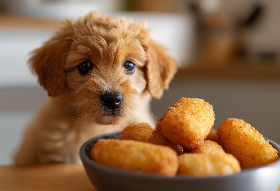 Gros plan d'un adorable chiot têtu assis à côté d'un bol de croquettes intactes, dans une cuisine chaleureuse, éclairée naturellement, texture détaillée, finition matte.