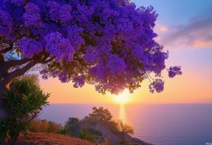 Un Jacaranda en fleurs mauves se distingue sous un coucher de soleil avec la Méditerranée en toile de fond, mise au point douce, éclairage ambiant, 4k.