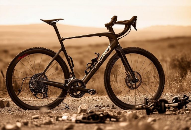 Gros plan d'un vélo de route élégant partiellement démonté, avec des composants de vélo de gravier éparpillés, sur fond flou de terrain ouvert dans des tons sepia.