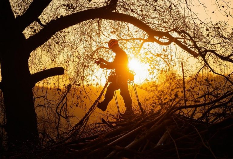 Un arboriste bien équipé en équilibre dans le feuillage dense d'un chêne mature, avec des piles de branches élaguées dispersées en dessous, silhouetté contre le coucher du soleil.