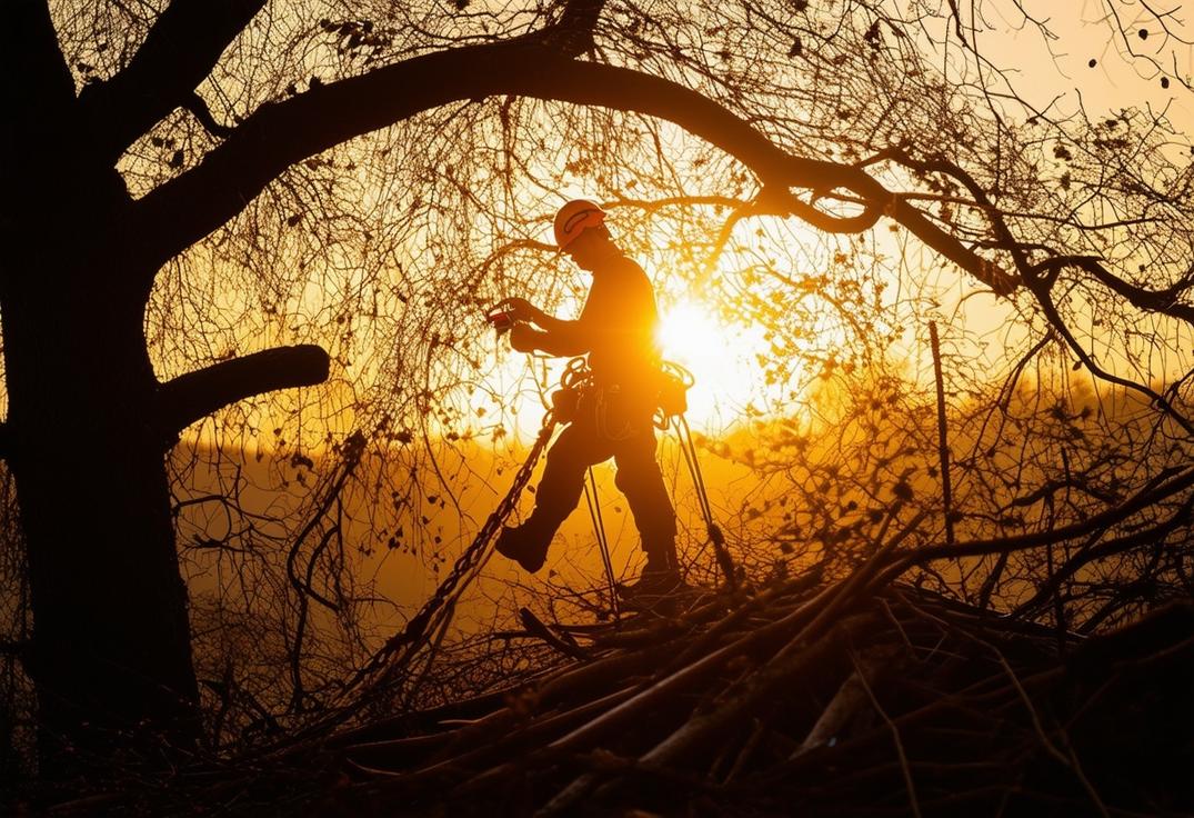 Un arboriste bien équipé en équilibre dans le feuillage dense d'un chêne mature, avec des piles de branches élaguées dispersées en dessous, silhouetté contre le coucher du soleil.