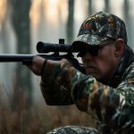 Un chasseur de haute couture, vêtu d'un ensemble de camouflage de designer, regarde méticuleusement à travers la lunette de son fusil élégant dans une forêt brumeuse à l'aube.