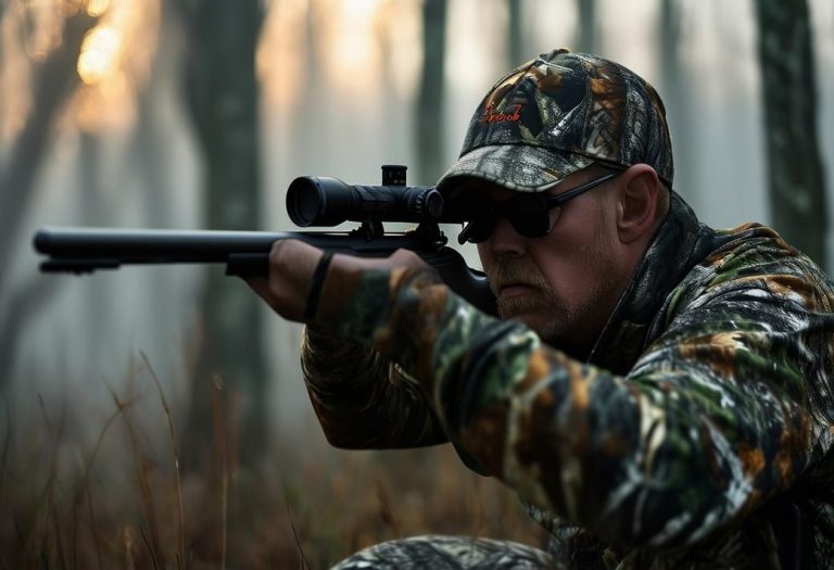 Un chasseur de haute couture, vêtu d'un ensemble de camouflage de designer, regarde méticuleusement à travers la lunette de son fusil élégant dans une forêt brumeuse à l'aube.