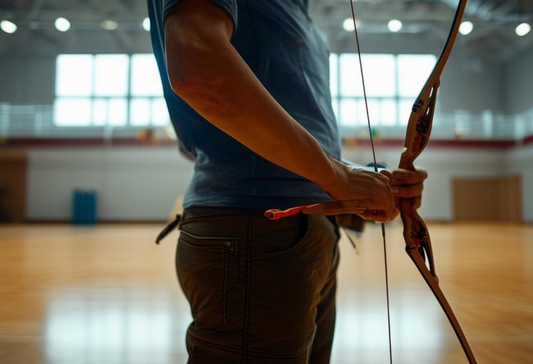 Une personne de 1m70 tient parfaitement un arc dans un grand gymnase éclairé professionnellement avec un sol en bois.