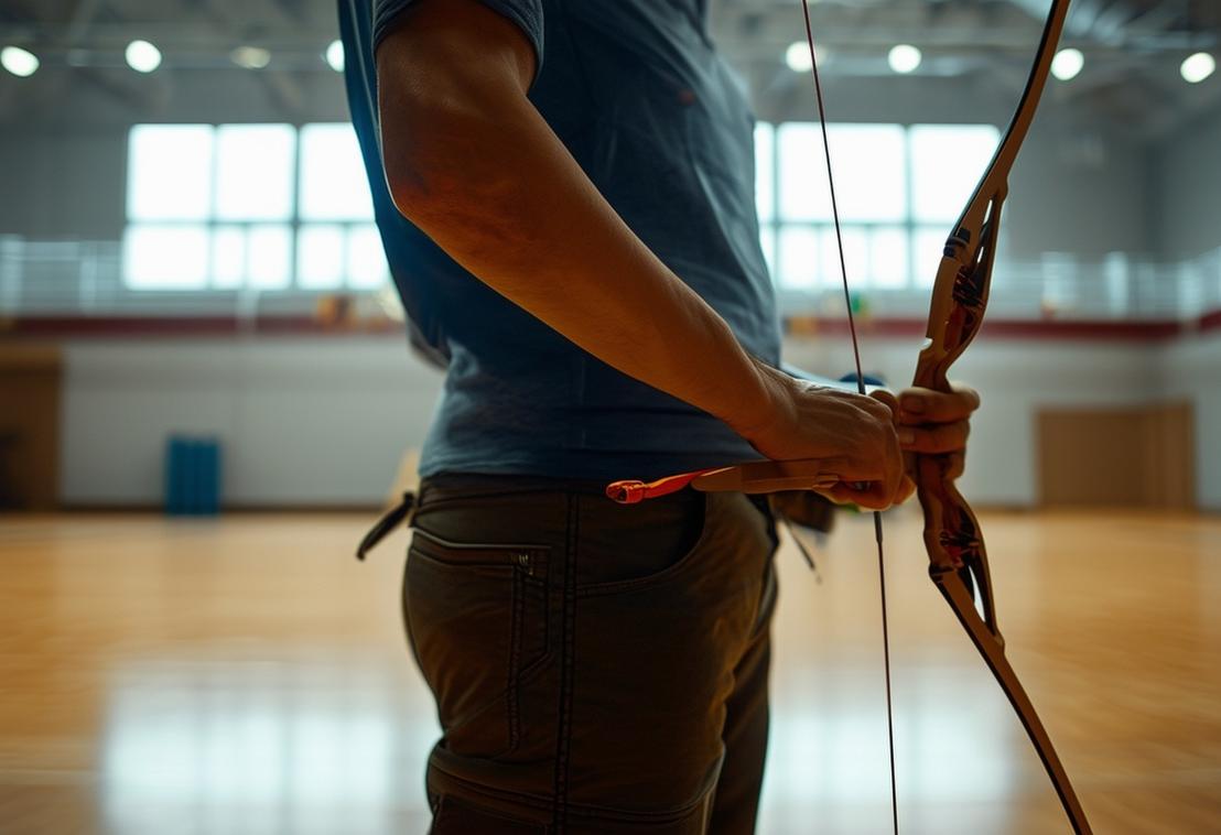 Une personne de 1m70 tient parfaitement un arc dans un grand gymnase éclairé professionnellement avec un sol en bois.