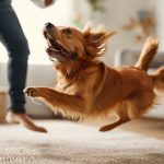 Un chien marron espiègle en plein mouvement et son propriétaire énergique luttant pour garder l'équilibre dans un cadre de maison confortable.