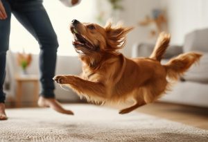 Un chien marron espiègle en plein mouvement et son propriétaire énergique luttant pour garder l'équilibre dans un cadre de maison confortable.