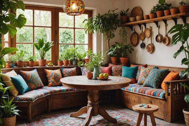 Un coin de cuisine bohème avec une table en bois vintage aux mosaïques colorées entourée de plantes luxuriantes et de coussins dépareillés, mise au point douce, couleurs vives.