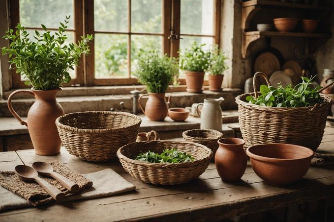 Ustensiles en argile faits main et paniers tressés artisanaux disposés sur une table de ferme usée avec une touche de verdure en arrière-plan, image au style rétro et éclairage doux.