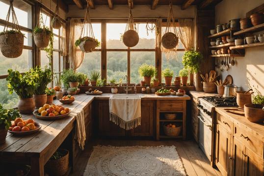 Cuisine extérieure bohème avec tissus fluides, fauteuil hamac en macramé, comptoir en bois récupéré et produits frais, éclairée par une lumière douce de fin de journée