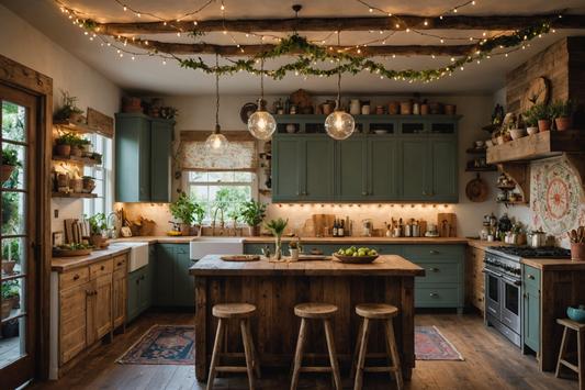 Vue sur une cuisine au style libre avec un îlot en bois recyclé, des tapisseries éclectiques et un plafond orné de guirlandes lumineuses offrant une ambiance féerique éclairée en haute résolution.