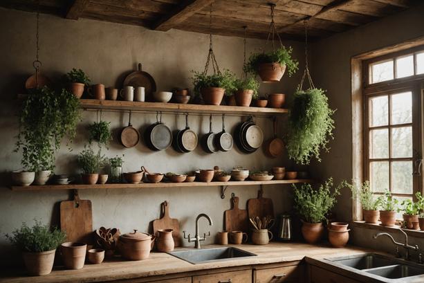 Herbes séchées suspendues et poterie terreuse sur étagères en bois avec lumière naturelle et éclairage ambiant mat et chaleureux dans une cuisine au style bohémien.