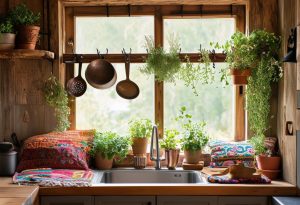 Photo à l'éclairage doux présentant une cuisine rustique avec des accessoires en bois naturel, des ustensiles vintages suspendus à des crochets en fer, des plantes locales en pot sur le rebord de la fenêtre et un coin confortable aménagé avec des coussins aux motifs boho vibrant, vue en plongée, éclairage ambiant chaleureux, finition mat, haute résolution.