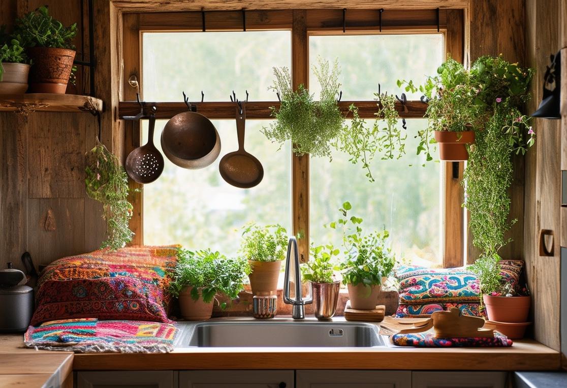 Photo à l'éclairage doux présentant une cuisine rustique avec des accessoires en bois naturel, des ustensiles vintages suspendus à des crochets en fer, des plantes locales en pot sur le rebord de la fenêtre et un coin confortable aménagé avec des coussins aux motifs boho vibrant, vue en plongée, éclairage ambiant chaleureux, finition mat, haute résolution.