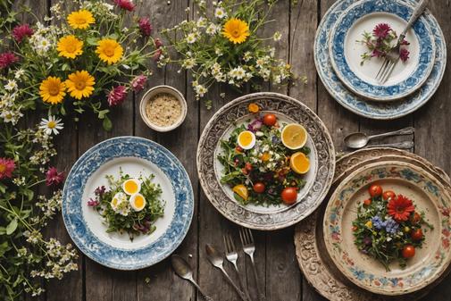 Photo gros plan d'un repas bohème sur une assiette décorée, entouré de fleurs sauvages et de couverts vintage sur une table en bois vieilli, mise au point nette et éclairage naturel.