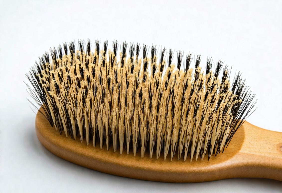 Image en gros plan d'une brosse à cheveux en poils de sanglier, détaillant la texture réaliste des poils, sur un fond blanc minimaliste.