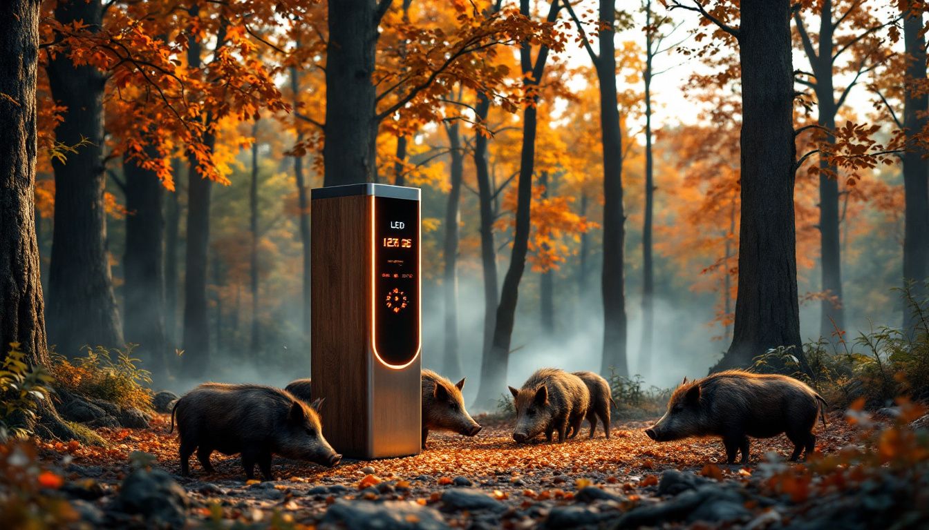 Distributeur automatique installé au milieu d'une forêt, entouré d'arbres et de verdure.