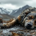 Un chien en détresse se tient dans une scène sombre et troublante.