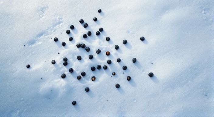 Pellets de cerf éparpillés sur un tapis de neige immaculée, créant un contraste entre l’obscurité et la blancheur, sous une lumière douce.