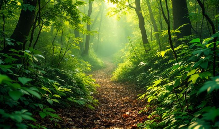 Sentier de sanglier serpentant à travers un sous-bois dense, baigné de lumière diffuse et entouré d'un feuillage vert vif.