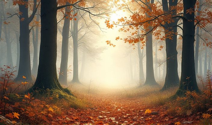 Un paysage forestier paisible baigné de brume matinale avec des empreintes de cerfs sur un tapis de feuilles tombées, illuminé par une douce lumière.