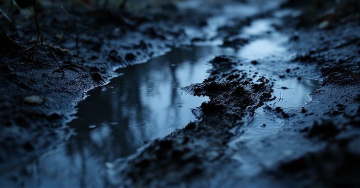 Traces de sanglier au crépuscule, reflet dans une flaque de boue, ambiance mystérieuse et teintes froides.