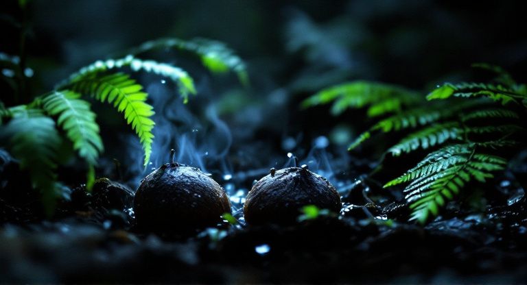 Image nocturne d'une caméra de chasse montrant des crottes de cerf mouillées scintillantes parmi des ombres et des fougères.